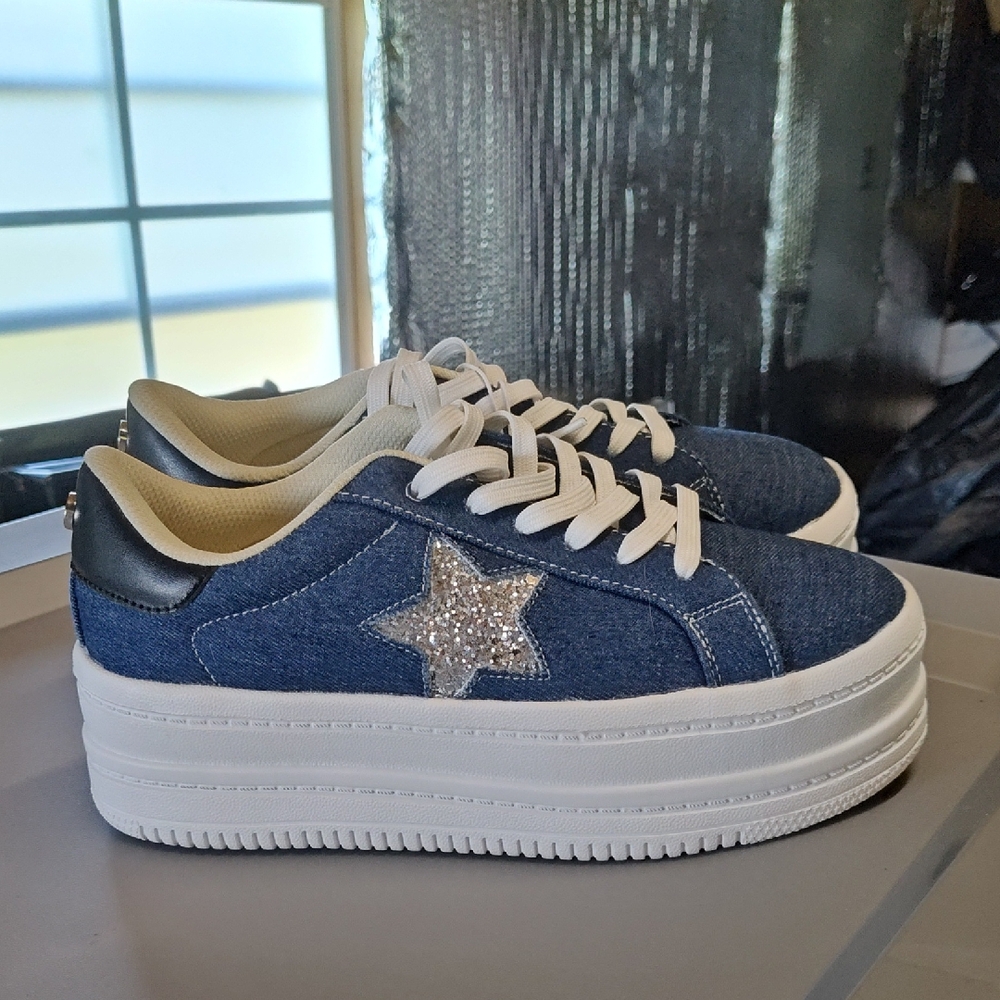 Belos Denim Star Bling Platform Shoes